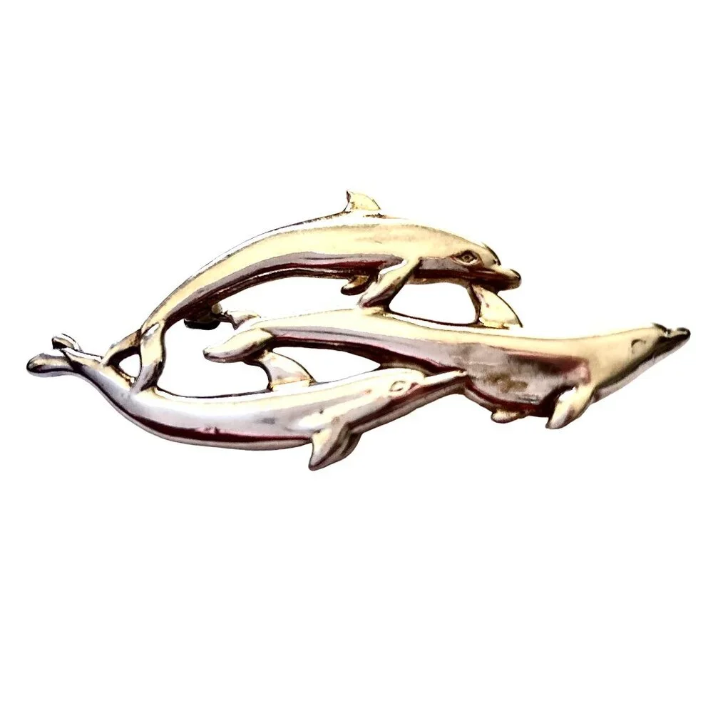 Sterling Silver 925 Dolphin Pin Brooch 3 Playful Dolphins Signed